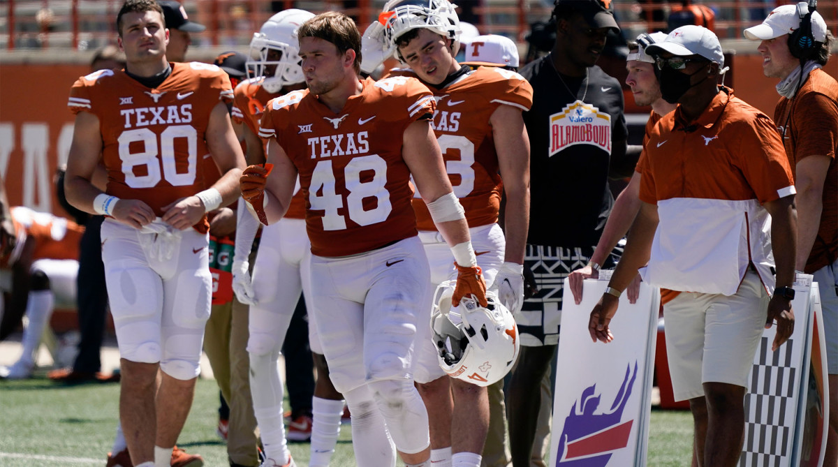 Apr 24, 2021; Austin, Texas, USA; Texas Longhorns Orange linebacker, and brother of former Longhorns quarterback Sam Ehlinger, Jake Ehlinger during the fourth quarter of the Orange-White Texas Spring Game at Darrell K Royal-Texas Memorial Stadium.